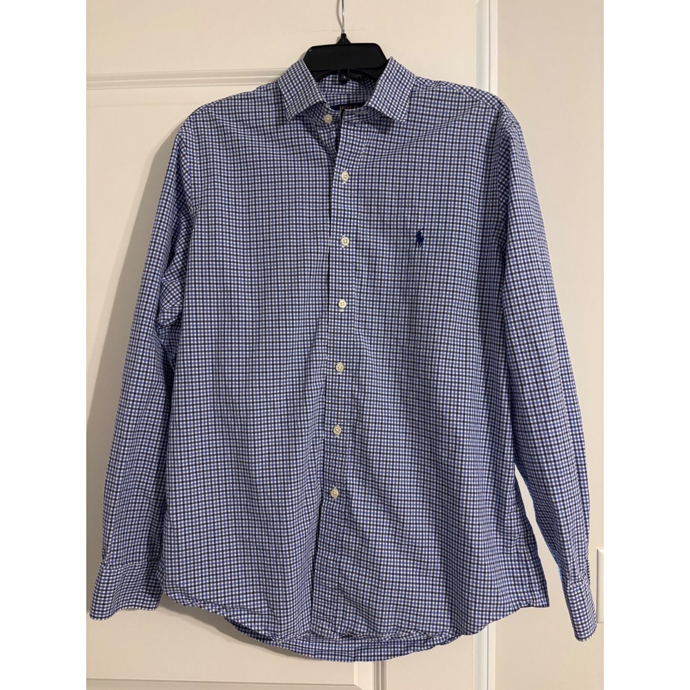 Polo Ralph Lauren Button Down Mens Large Blue Gingham Excellent Long Sleeve Pony